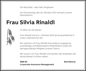 Traueranzeige von Silvia Rinaldi von Trauerportal Rhein Main Presse