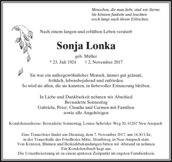 Traueranzeige von Sonja Lonka von  Usinger Anzeiger