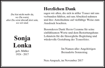Traueranzeige von Sonja Lonka von  Usinger Anzeiger