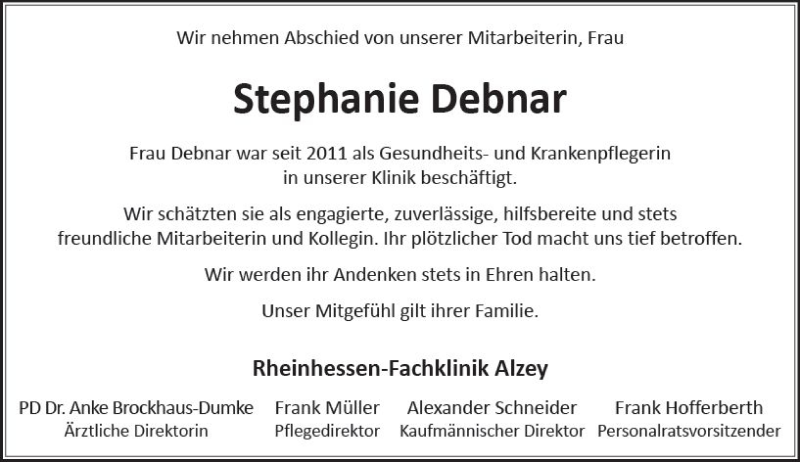  Traueranzeige für Stephanie Debnar vom 24.11.2017 aus Trauerportal Rhein Main Presse