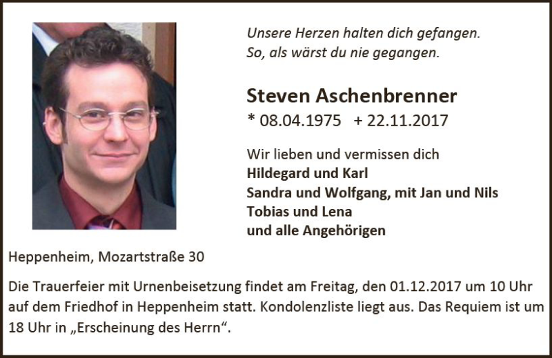  Traueranzeige für Steven Aschenbrenner vom 29.11.2017 aus Trauerportal Echo Online