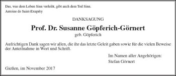 Traueranzeige von Susanne Göpferich-Görnert von  Gießener Anzeiger