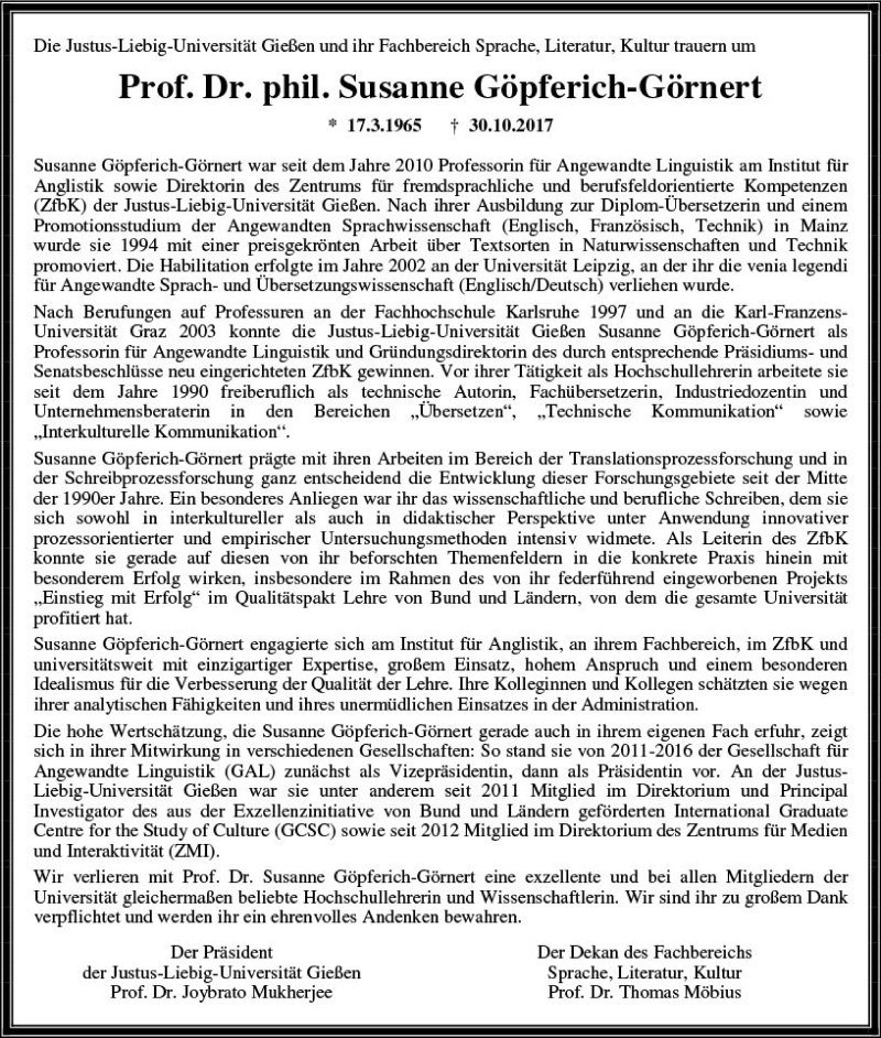  Traueranzeige für Susanne Göpferich-Görnert vom 07.11.2017 aus  Gießener Anzeiger