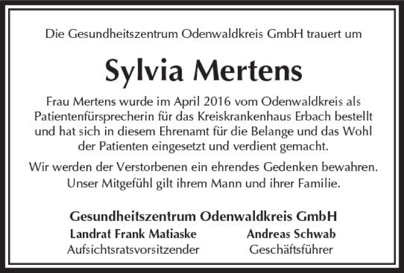  Traueranzeige für Sylvia Mertens vom 17.11.2017 aus Trauerportal Echo Online