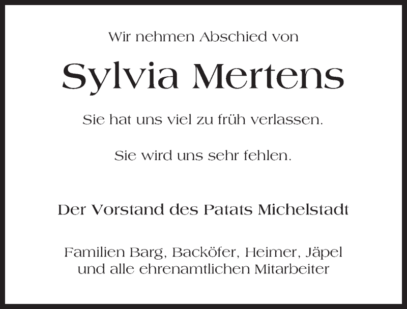  Traueranzeige für Sylvia Mertens vom 15.11.2017 aus Trauerportal Echo Online