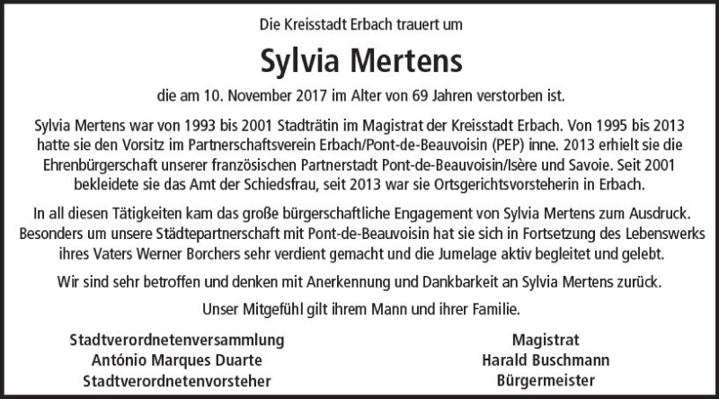  Traueranzeige für Sylvia Mertens vom 15.11.2017 aus Trauerportal Echo Online