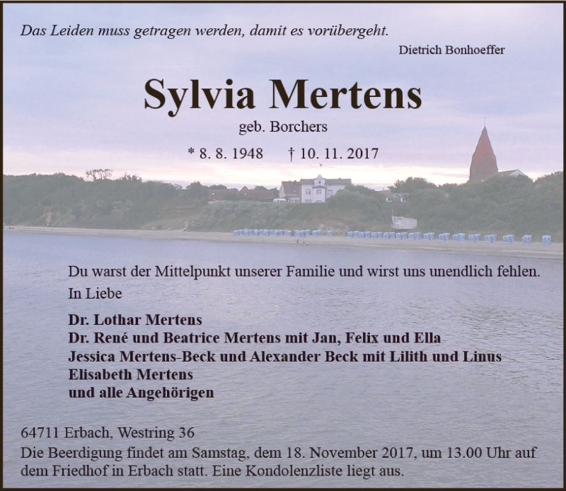 Traueranzeige für Sylvia Mertens vom 14.11.2017 aus Trauerportal Echo Online