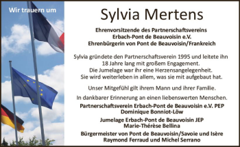 Traueranzeige von Sylvia Mertens von Trauerportal Echo Online