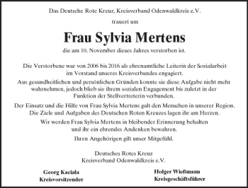 Traueranzeige von Sylvia Mertens von Trauerportal Echo Online
