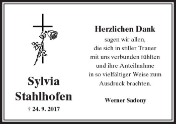 Traueranzeige von Sylvia Stahlhofen von  Camberger Anzeiger