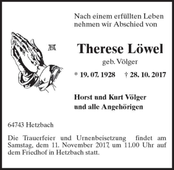 Traueranzeige von Therese Löwel von Trauerportal Echo Online