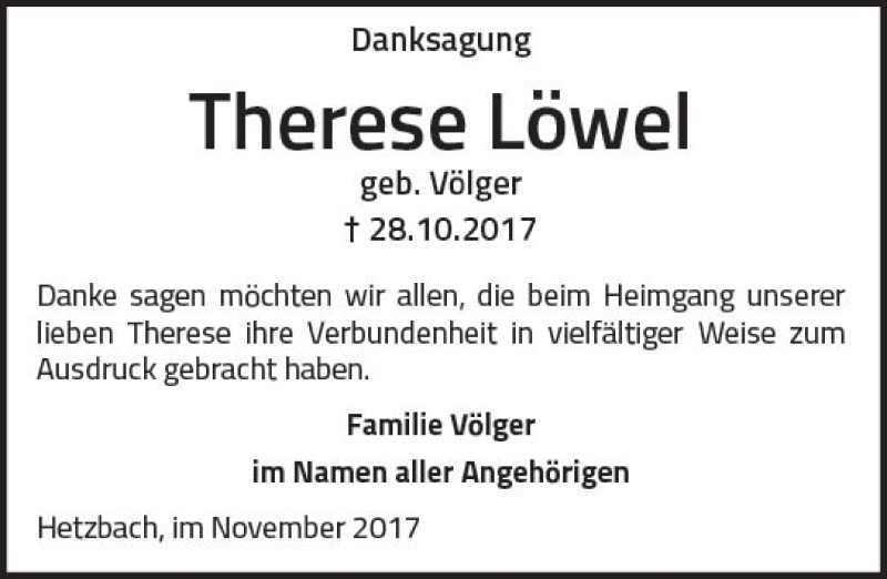  Traueranzeige für Therese Löwel vom 25.11.2017 aus Trauerportal Echo Online