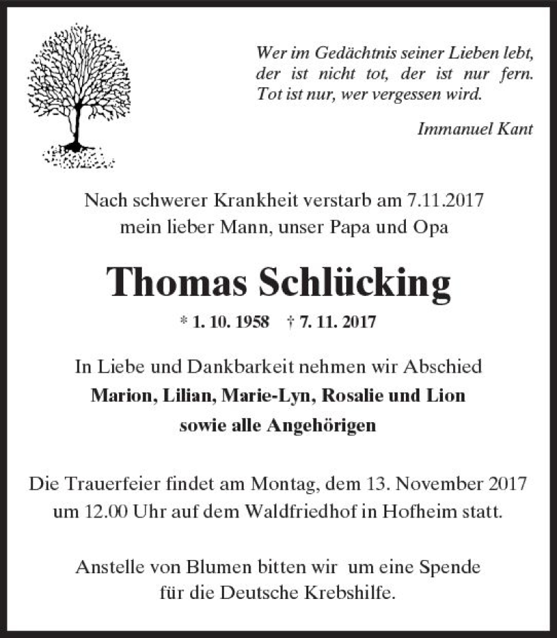  Traueranzeige für Thomas Schlücking vom 10.11.2017 aus Trauerportal Rhein Main Presse