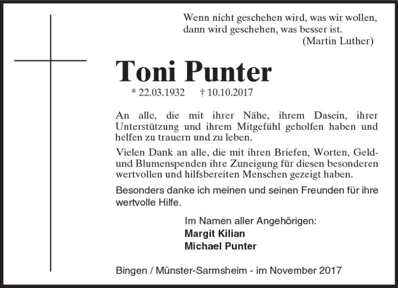 Traueranzeige für Toni Punter vom 04.11.2017 aus Trauerportal Rhein Main Presse