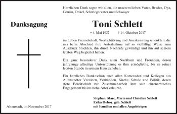 Traueranzeige von Toni Schlett von  Kreisanzeiger