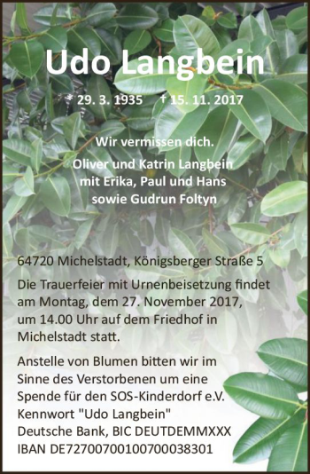 Traueranzeige von Udo Langbein von Trauerportal Echo Online