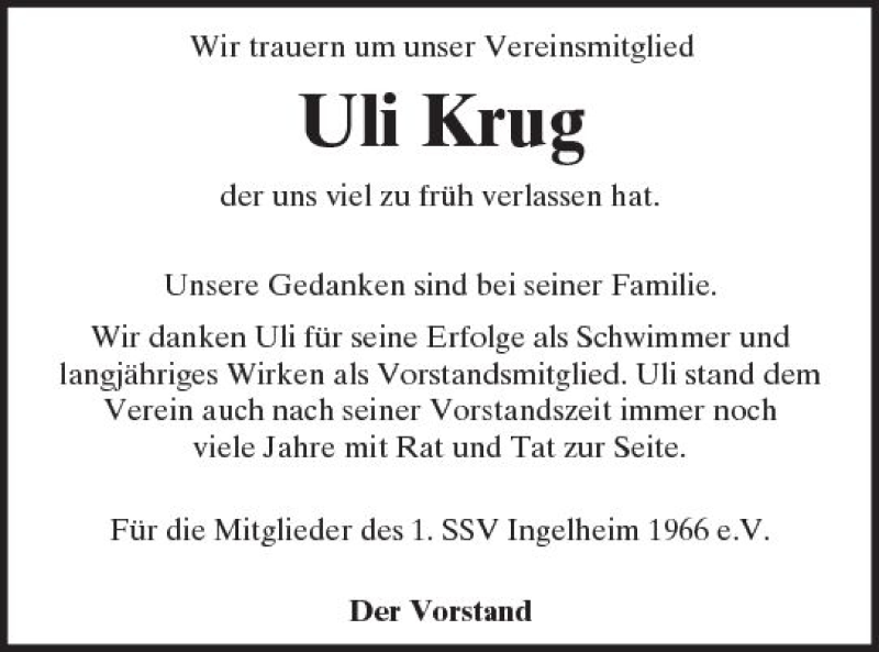  Traueranzeige für Uli Krug vom 11.11.2017 aus Trauerportal Rhein Main Presse