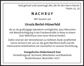 Traueranzeige von Ursula Berlet-Hünerfeld von Trauerportal Rhein Main Presse