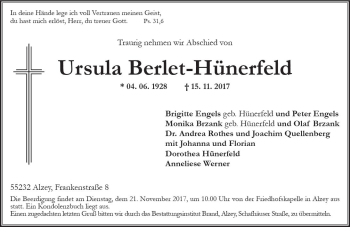 Traueranzeige von Ursula Berlet-Hünerfeld von Trauerportal Rhein Main Presse