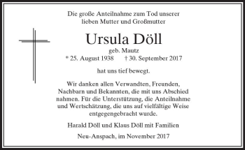 Traueranzeige von Ursula Döll von  Usinger Anzeiger