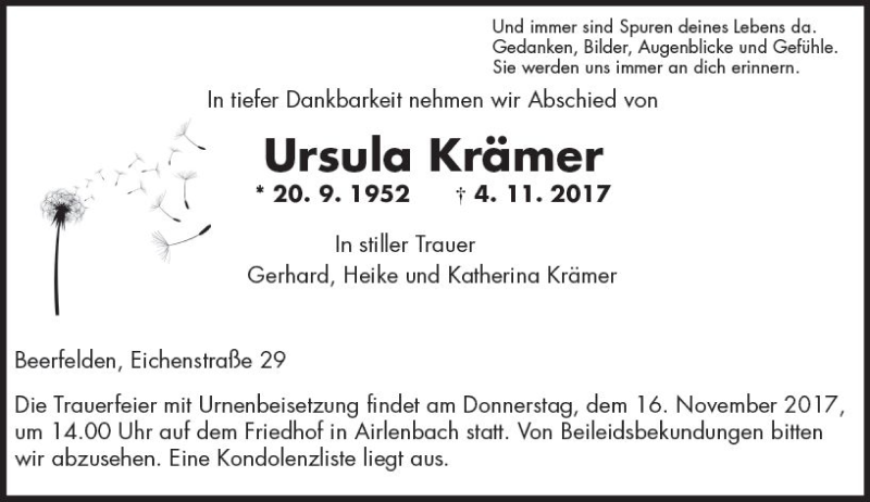  Traueranzeige für Ursula Krämer vom 14.11.2017 aus Trauerportal Echo Online