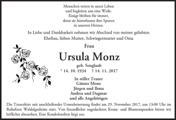 Traueranzeige von Ursula Monz von Trauerportal Rhein Main Presse