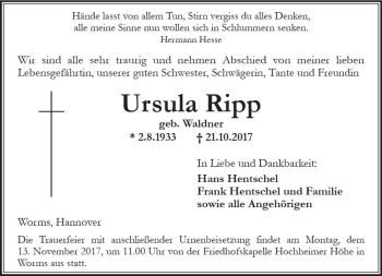 Traueranzeige von Ursula Ripp von Trauerportal Rhein Main Presse