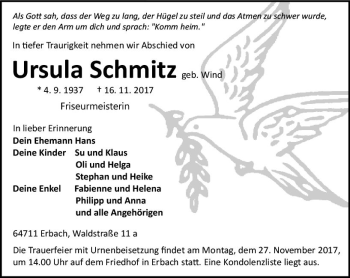 Traueranzeige von Ursula Schmitz von Trauerportal Echo Online