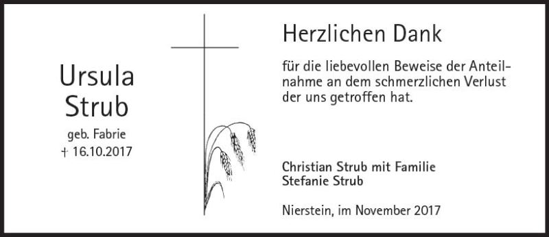  Traueranzeige für Ursula Strub vom 22.11.2017 aus Trauerportal Rhein Main Presse