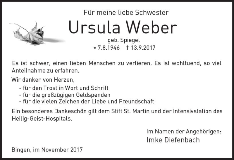  Traueranzeige für Ursula Weber vom 04.11.2017 aus Trauerportal Rhein Main Presse