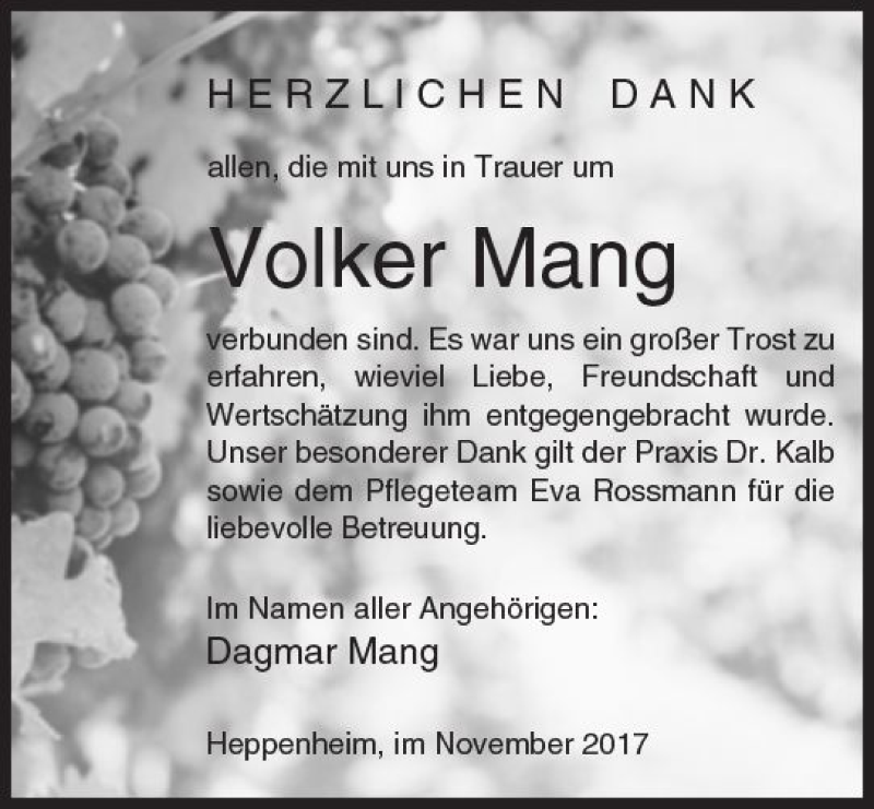  Traueranzeige für Volker Mang vom 17.11.2017 aus Trauerportal Echo Online