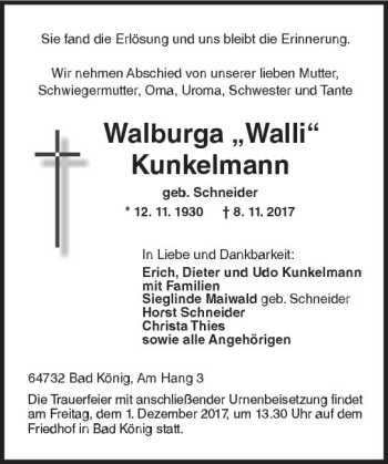 Traueranzeige von Walburga Kunkelmann von Trauerportal Echo Online