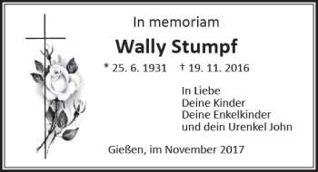 Traueranzeige von Wally Stumpf von  Gießener Anzeiger