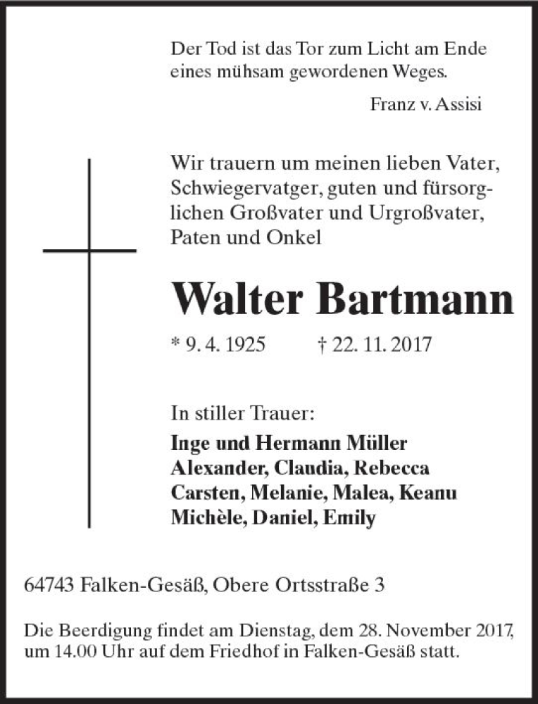  Traueranzeige für Walter Bartmann vom 25.11.2017 aus Trauerportal Echo Online