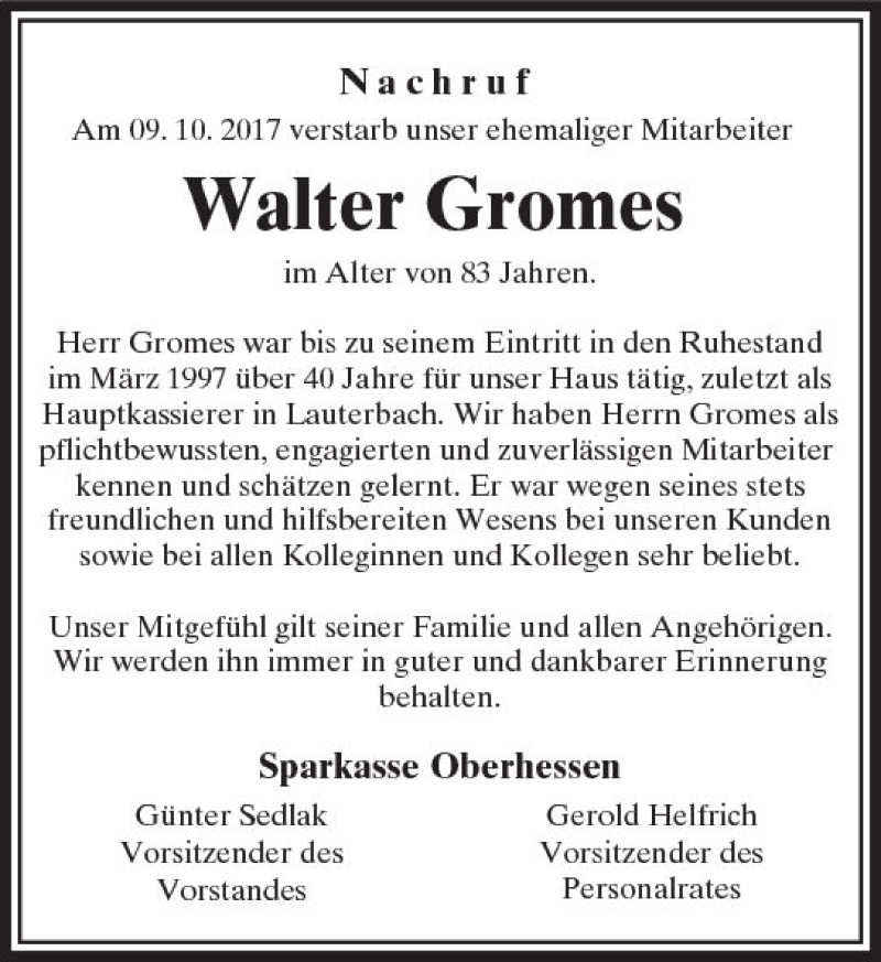  Traueranzeige für Walter Gromes vom 17.11.2017 aus VRM Trauer