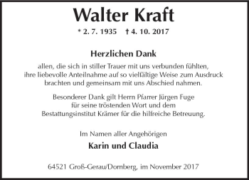 Traueranzeige von Walter Kraft von Trauerportal Echo Online