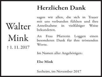 Traueranzeige von Walter Mink von Trauerportal Echo Online