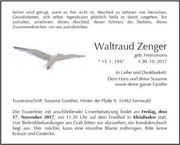 Traueranzeige von Waltraud Zenger von  Gießener Anzeiger