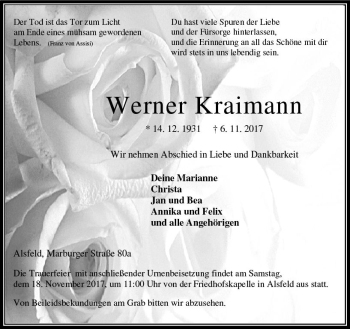 Traueranzeige von Werner Kraimann von VRM Trauer