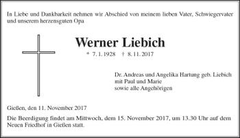 Traueranzeige von Werner Liebich von  Gießener Anzeiger
