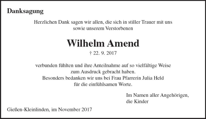  Traueranzeige für Wilhelm Amend vom 04.11.2017 aus  Gießener Anzeiger