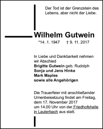 Traueranzeige von Wilhelm Gutwein von VRM Trauer