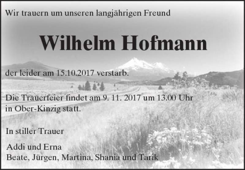  Traueranzeige für Wilhelm Hofmann vom 07.11.2017 aus Trauerportal Echo Online