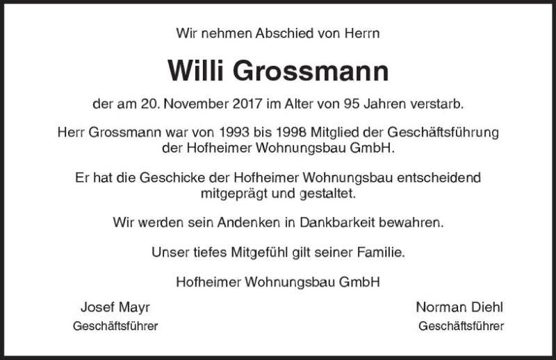  Traueranzeige für Willi Grossmann vom 24.11.2017 aus Trauerportal Rhein Main Presse