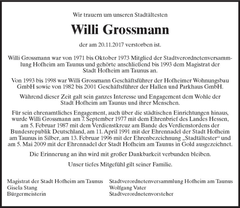  Traueranzeige für Willi Grossmann vom 24.11.2017 aus Trauerportal Rhein Main Presse