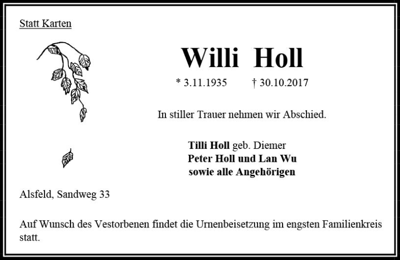 Traueranzeige für Willi Holl vom 04.11.2017 aus VRM Trauer
