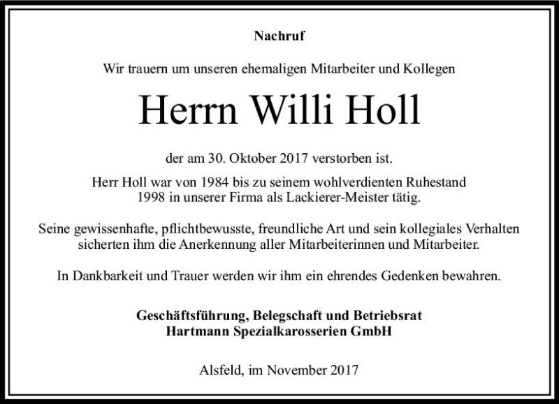 Traueranzeige für Willi Holl vom 08.11.2017 aus VRM Trauer