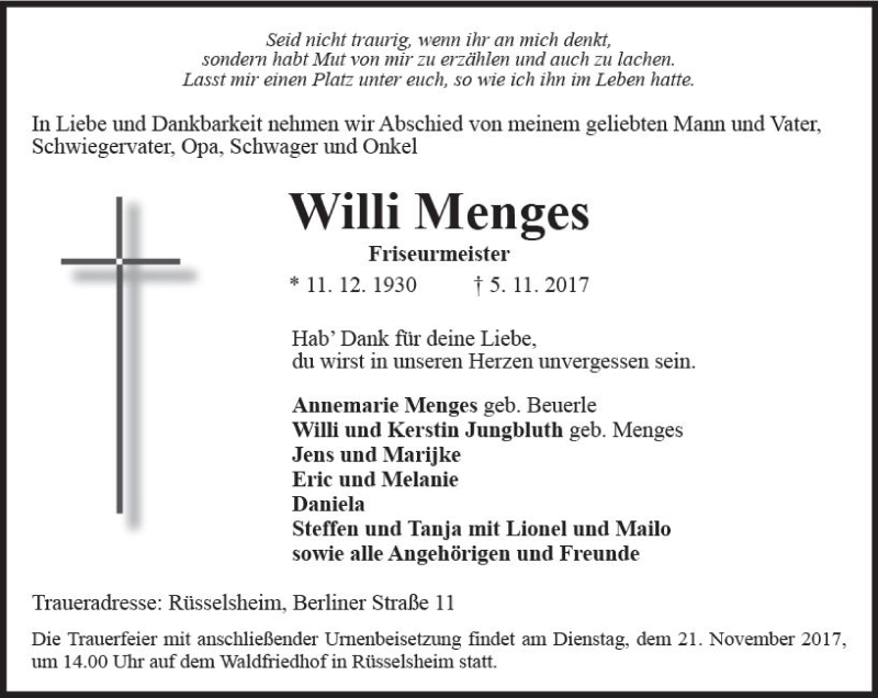  Traueranzeige für Willi Menges vom 11.11.2017 aus Trauerportal Rhein Main Presse