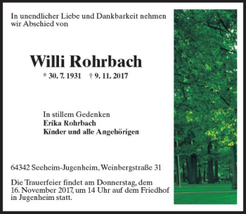 Traueranzeige von Willi Rohrbach von Trauerportal Echo Online