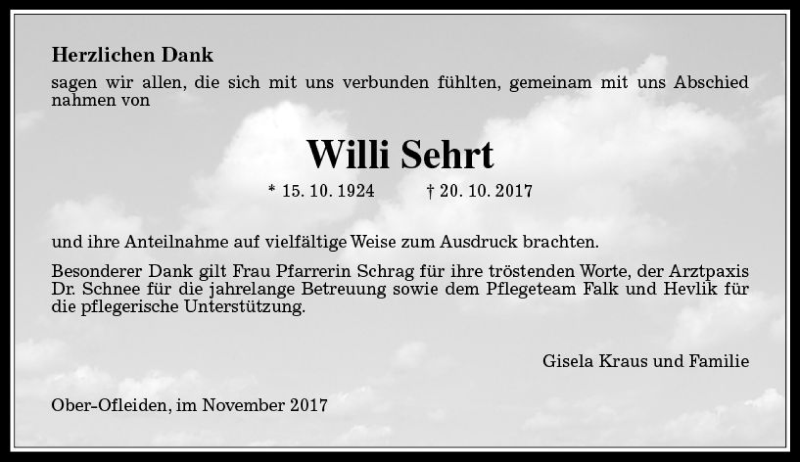  Traueranzeige für Willi Sehrt vom 24.11.2017 aus VRM Trauer